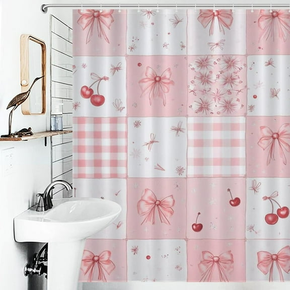 Cute Shower Curtain for Bathroom Modern Aesthetic Funky Decorative, Pretty Chic Cloth Set with Hooks, Bathtub Decor,Pink Bow Cherry-48"W x 72"L (Pack of 1)