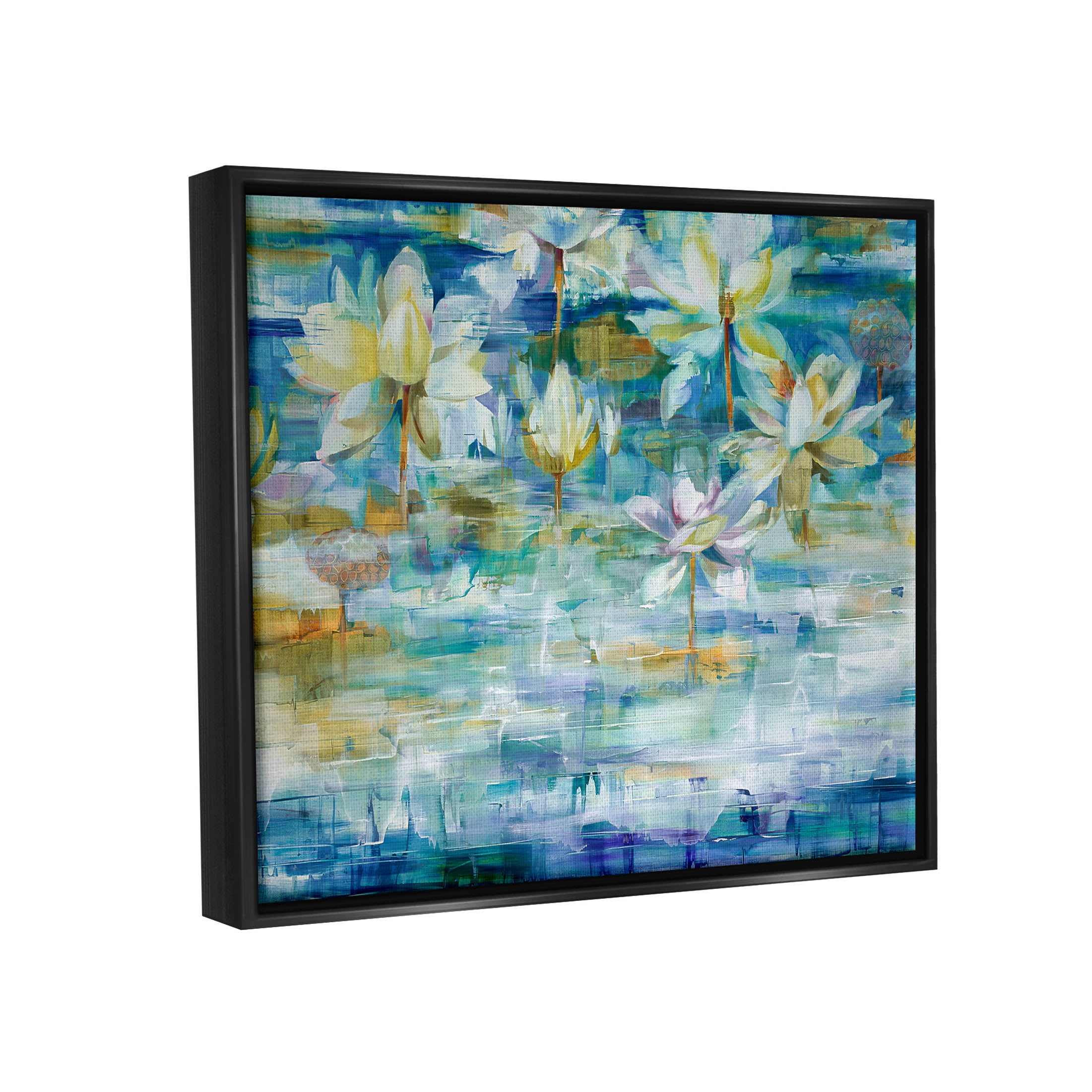 Stupell Industries Lotus Water Lilies Modern Pond Painting Jet Black Floating Framed Canvas Print Wall Art, Design by Liz Jardine