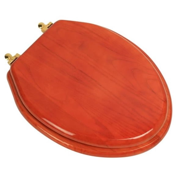 Designer Solid Elongated Oak Wood Toilet Seat with Polished Brass Hinges, American Cherry