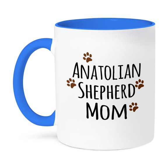 3dRose, Anatolian Shepherd Dog Mom by breed - muddy brown paw prints - doggy mama love - doggie lovers, 11oz Two-Tone Blue Mug
