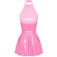 thumbnail image 4 of TiaoBug Womens Wet Look Patent Leather Dress Sleeveless Halter A-line Cocktail Club Mini Dress Pink XL, 4 of 7