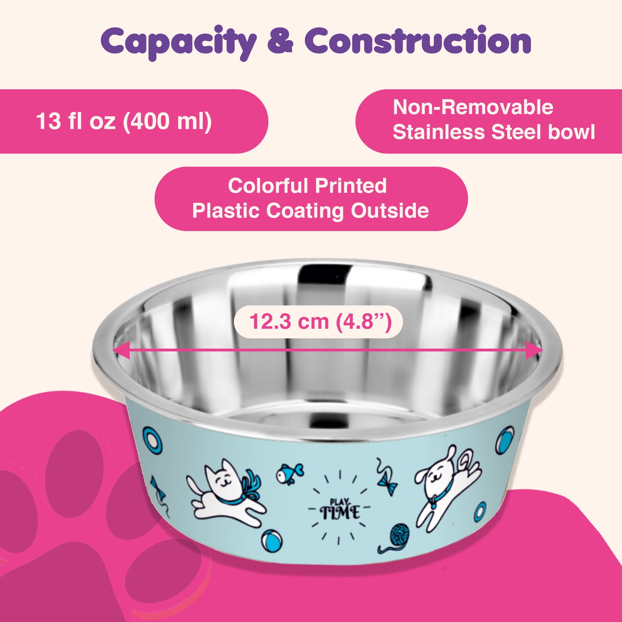 Happinesque 1Pc Stainless Steel Dog & Cat Bowl, Anti Skid, 1.5 Cups (Pale Turquoise Playtime Print)