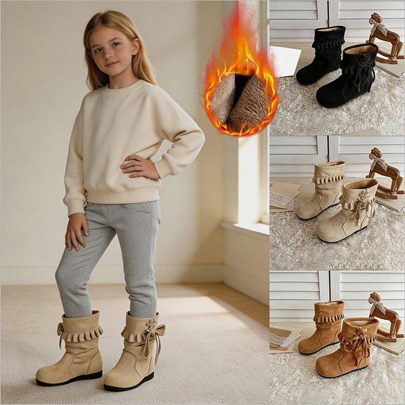 WAVSUF Fleece Mid Calf Boots for Girls Lace Up Wide Width Soft Comfort Fall Cute Daily Boots Beige Size 10