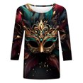thumbnail image 4 of TMOYZQ Mardi Gras Shirt Women 3/4 Sleeve Mask Graphic Print Tshirt Crazy Street Carnival Themed Party Tee Tops, 4 of 5
