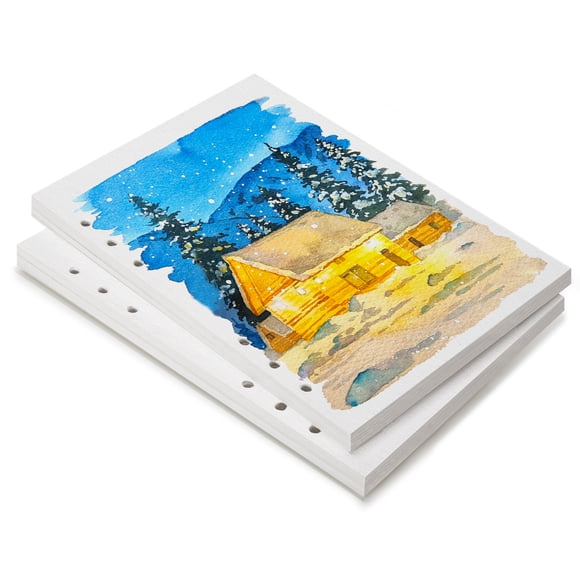 Lightwish Papel Acuarela a Granel, Paquete de 2 Total 40 Hojas, 100% Algodón 140 Lb/300 G Prensado en Frío 5.5 x 8.2 '' Papel Perforado en Agujeros A5 Reemplazable