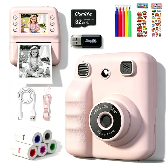 OEKE Instant Print Camera For Kids with 32GB SD Card & Print Paper Rolls, 1080P HD Video Digital Toddler Camera with Zero Ink Thermal Printer, Portable Toy Gift for Kids,Pink