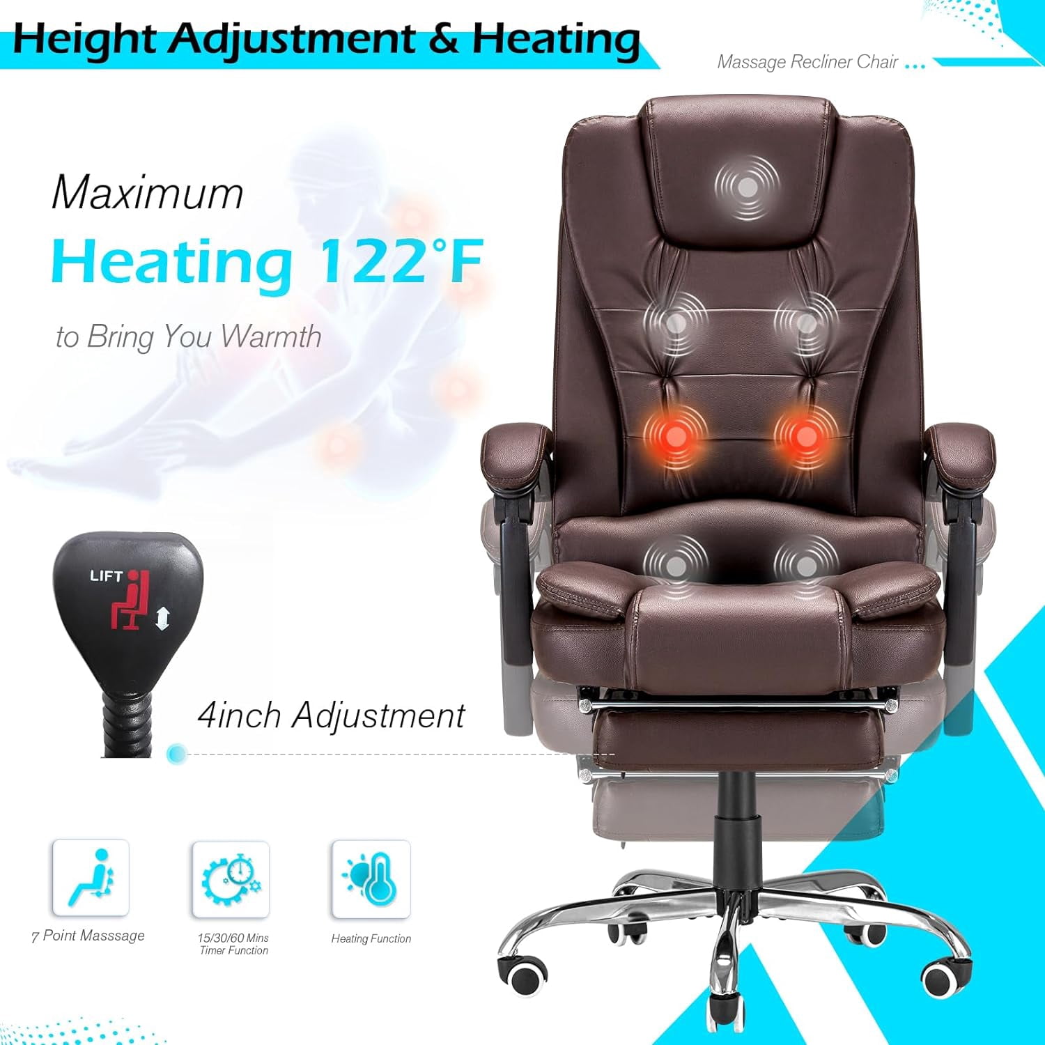 YODOLLA Faux Leather Back Massager and Heated Seat Office Desk Chair, Brown