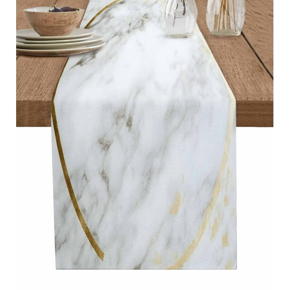 Modern White Marble Table Runner 70 Inches, Abstract Gold Circle Geometric Bed Runner Dresser Scarves Tabletop for Indoor Outdoor Parties/Ceremony/Banquet, 13" x 70"