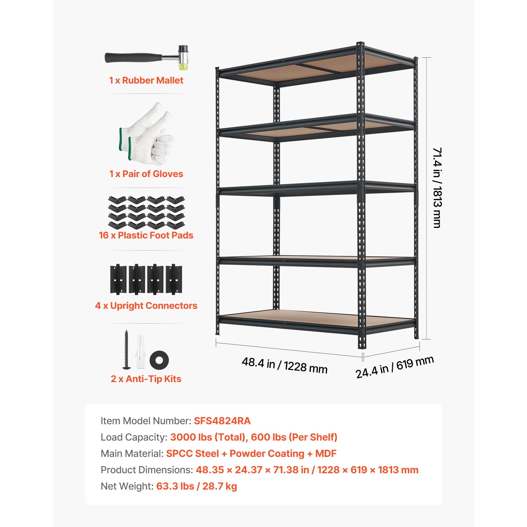 KFFKFF 5-Tier Adjustable Storage Shelves, 3000 lbs Capacity, Heavy-Duty Metal Utility Rack for Garage, Workshop, Warehouse, or Basement, 48.35" W x 24.37" D x 71.38" H