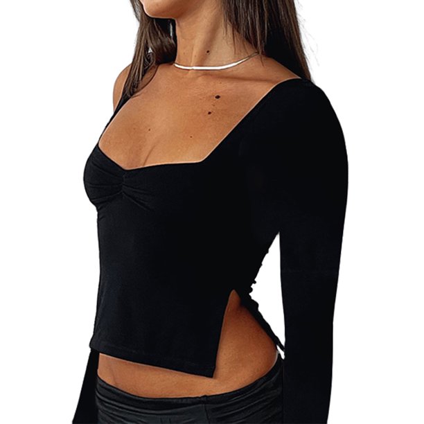 Camiseta De Verano Camiseta corta sin mangas para mujer con abertura lateral, corpiño plisado, ropa diaria (negro S) Cgtredaw Para estrenar