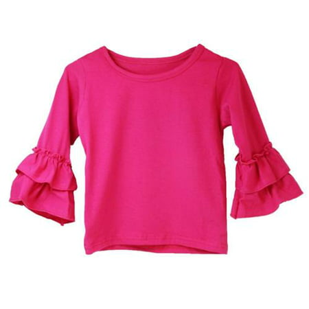Girls Hot Pink Double Tier Ruffle Sleeved Cotton Spandex Top