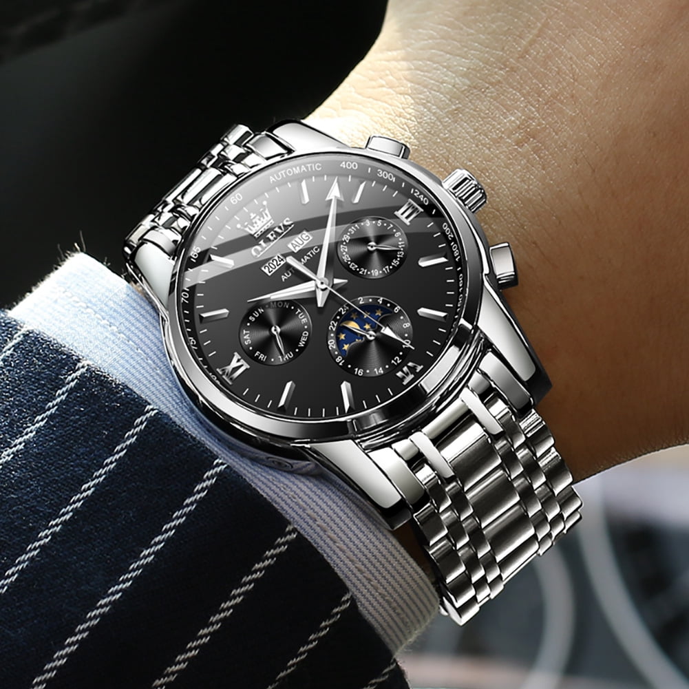 OLEVS Automatic Watches for Mens Self Winding Mechanical Multifunction Chronograph Luxury Business Dress Moon Phase Stainless Steel Waterproof Luminous Calendar Mens Wrist Watches Reloj Para Hombre