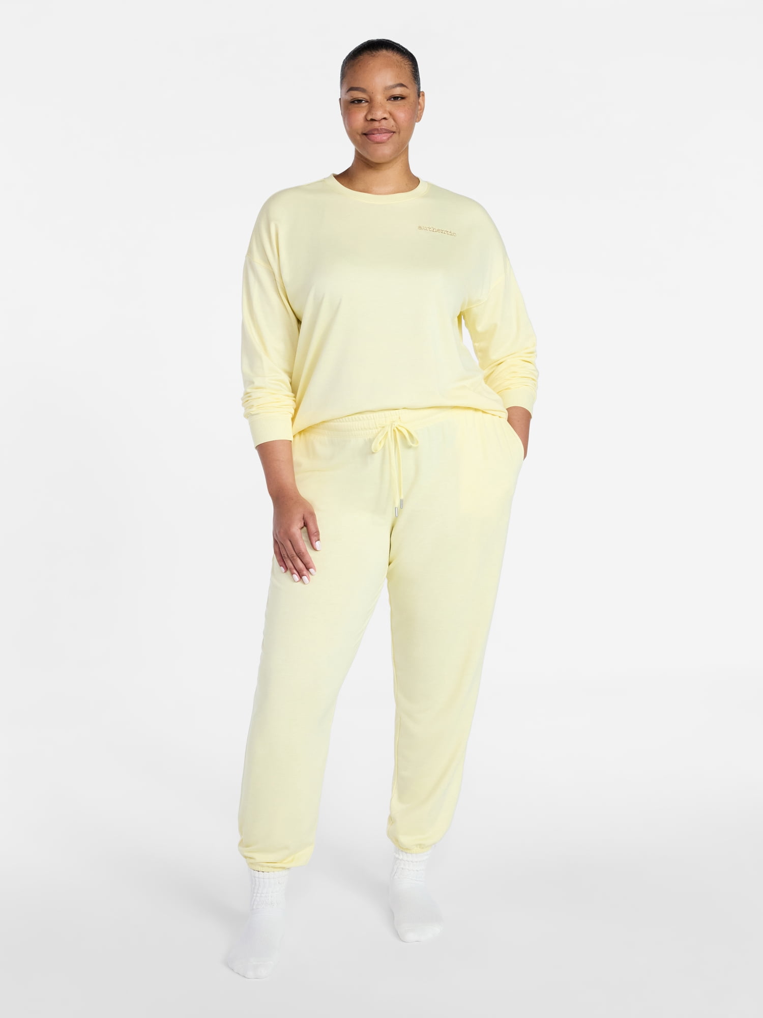 Joyspun Women's French Terry Long Sleeve Sleep Top and Joggers Lounge Set, 2-Piece, Sizes XS-3X