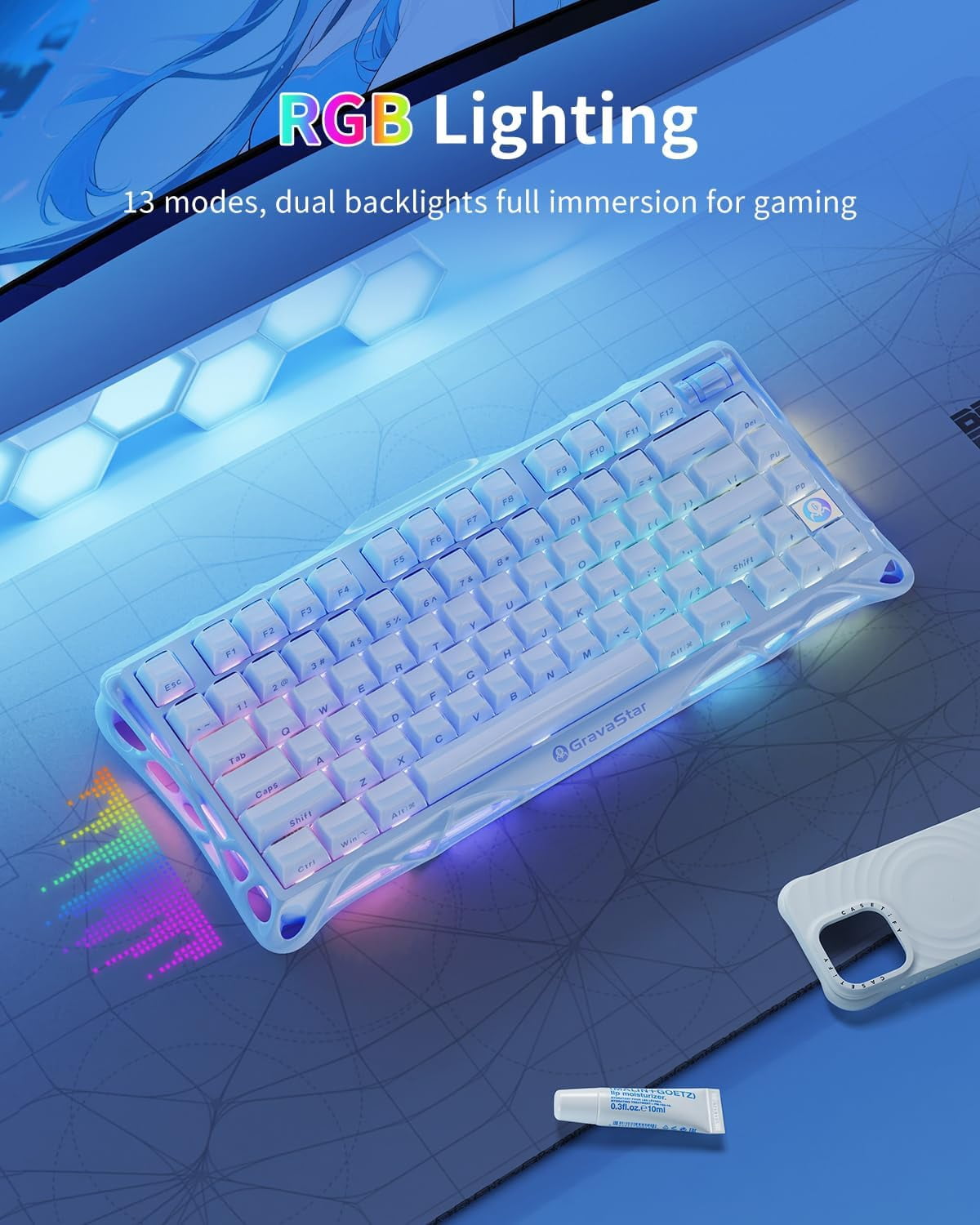 GravaStar Mercury K1 75% Wireless Mechanical Keyboard, Gasket Mount, 8000mAh Battery, Kailh Cherry Pink Linear Switches, RGB Lighting - Ice Blue