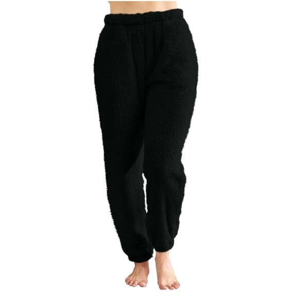 Mohiass Womens Fleece Pajama Pants, Winter Warm Fuzzy Lounge Bottoms Long Soft Plush Fluffy Pj Pants with Pockets Black 2XL