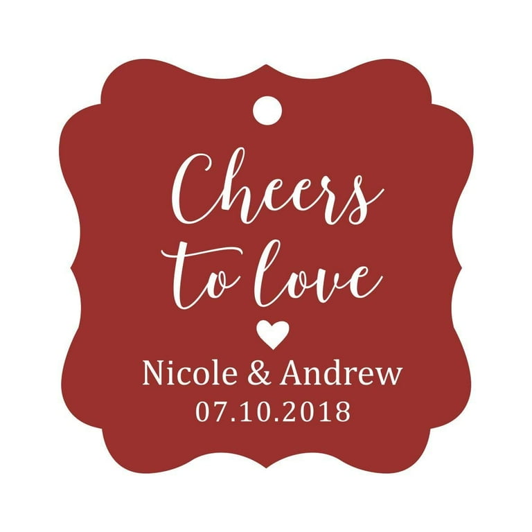 Darling Souvenir Cheers to Love Bottle Tag Personalized Wedding Favor Custom Hang Tags Maroon 100 Tags