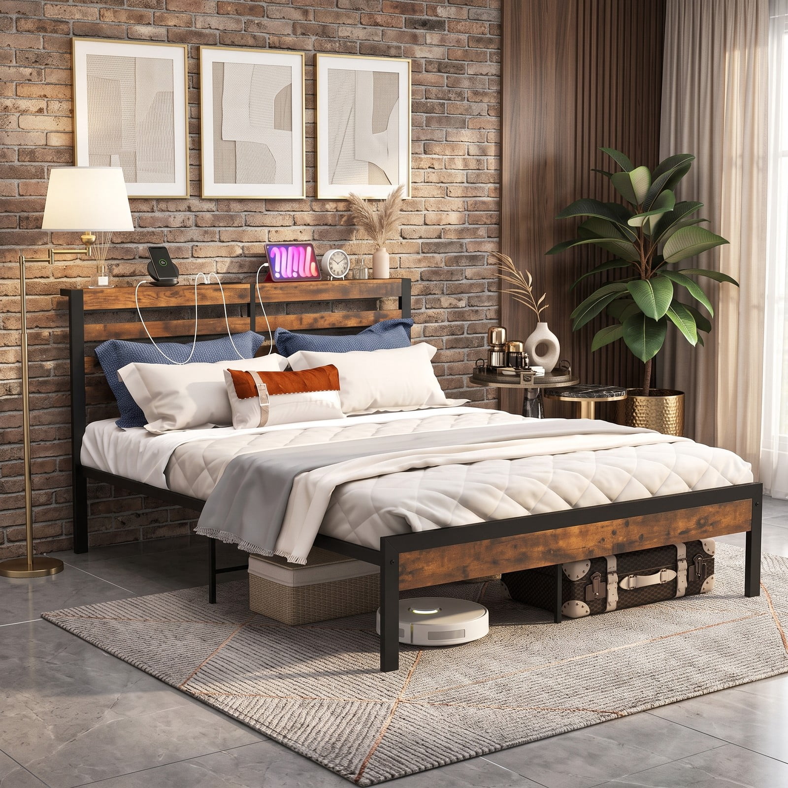 Furnibear Queen Bed Frame with Storage, Metal Platform Bed with Storage Headboard and Charging Station, Rustic Brown
