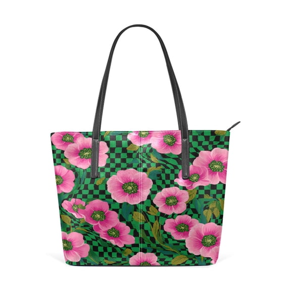 Tote Bag Aesthetic leather Handbags with Zipper for Women Travel Shoulder Bags Purses with compartment. Groovy Green and Pink Flowers