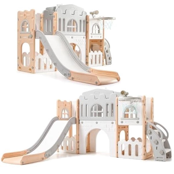 Toddler Slide 8 in 1 Toddler Playset for Toddlers Age 1-3, Baby Playset for Indoor Outdoor Playground with Climber, Crawling Tunnel, Basketball Hoop, Telescope, Toy Storage