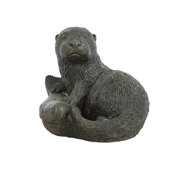 Solid Rock Stoneworks Otter with Fish Concrete Statue, 7" Tall