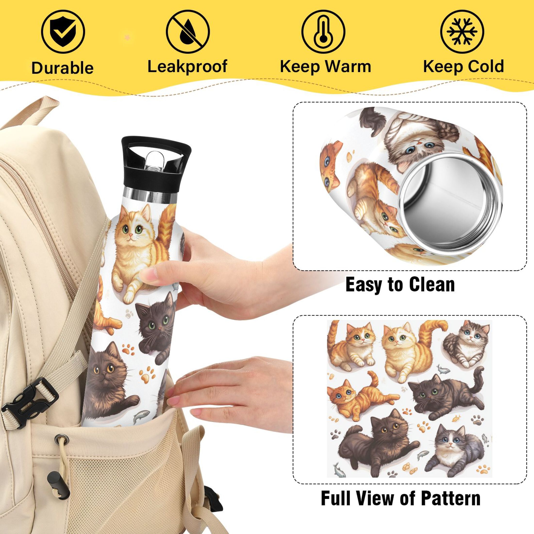 Kids Insulated Stainless Steel Sports Water Bottle 600ml (20oz) Colorful Cartoon Cats