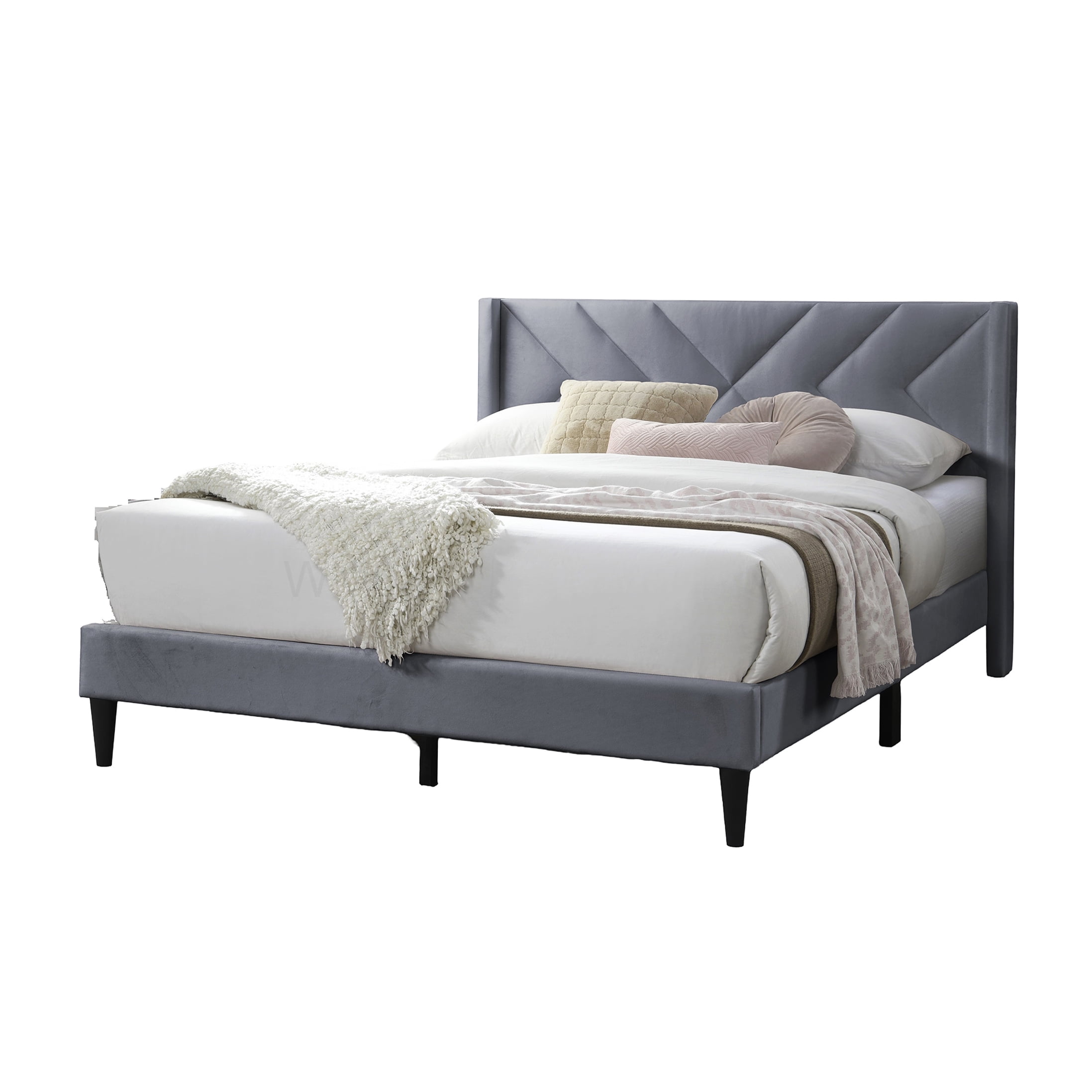 Modern Velvet Upholstered Bed Frame, Queen Platform Bed with Geometric Headboard, Grey Fabric Frame, No Box Spring Needed with Storage Space