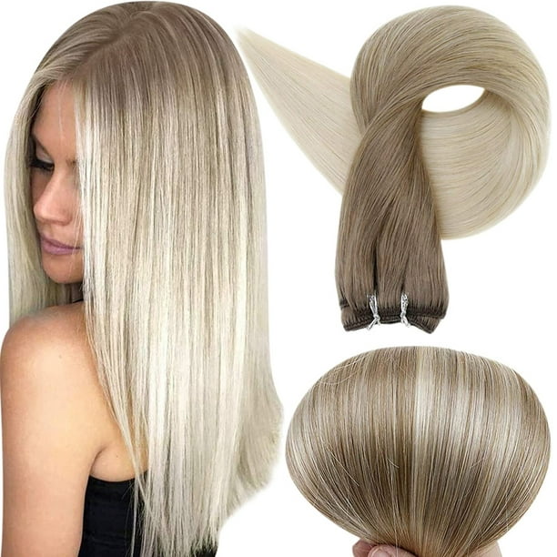 Full Shine Hand Tied Weft Hair Extensions Balayage Light Brown to Platinum  Blonde Real Remy Human Hair 100g 14 inch 
