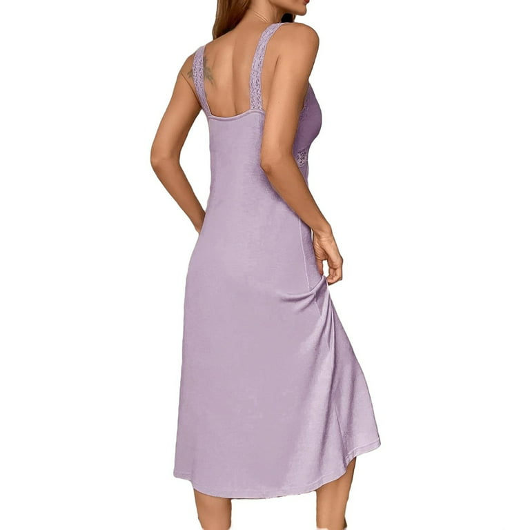 Womens Nightgowns Sleepdress Plain Contrast Lace Sleepshirts Lilac Purple  XL