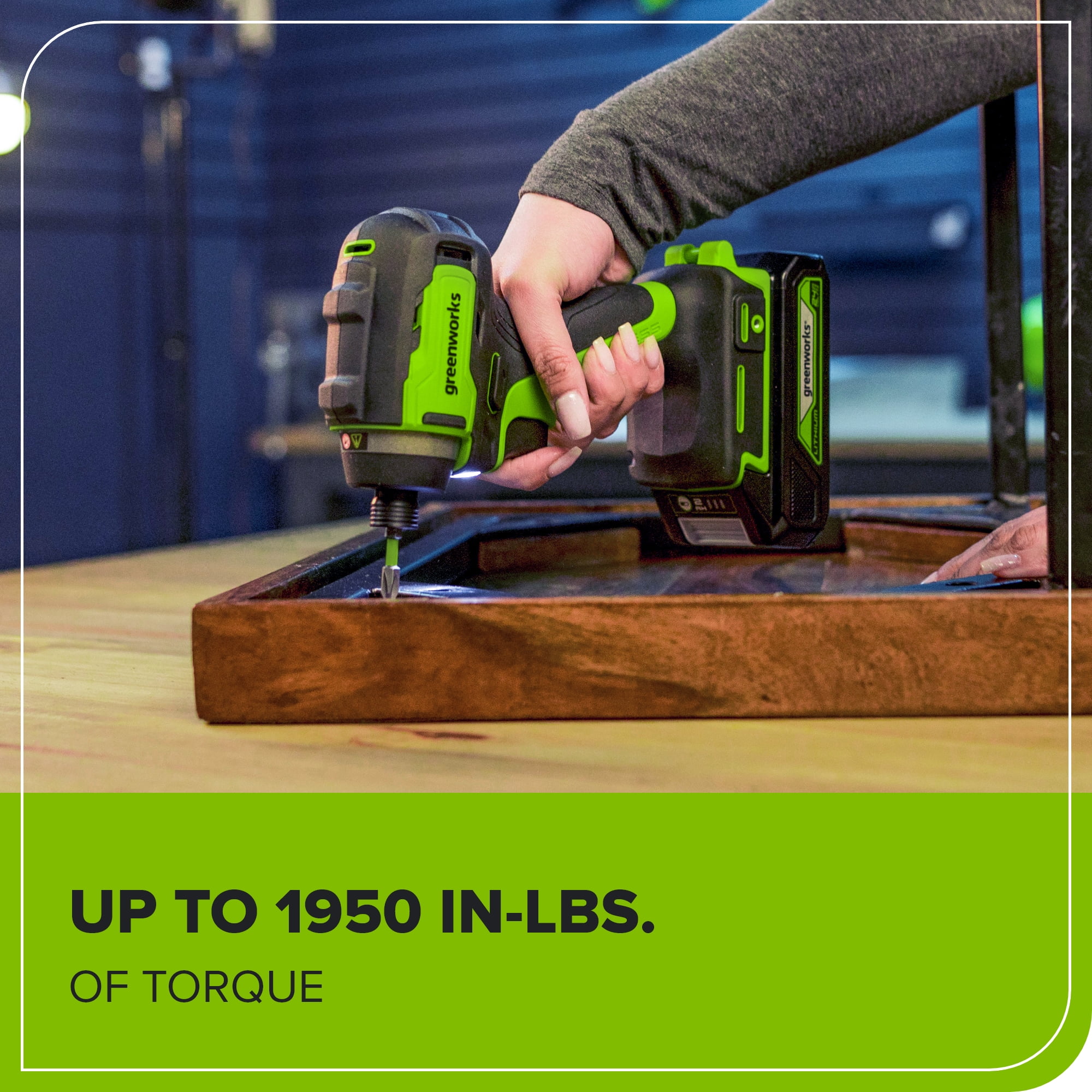 Greenworks 24V Brushless Cordless Impact Driver Kit, 1900 in./lbs Torque, Variable Speed, 2×2Ah Batteries with 2A Charger, LED Light, 8pcs Drill/Driver Bits with Tool Bag