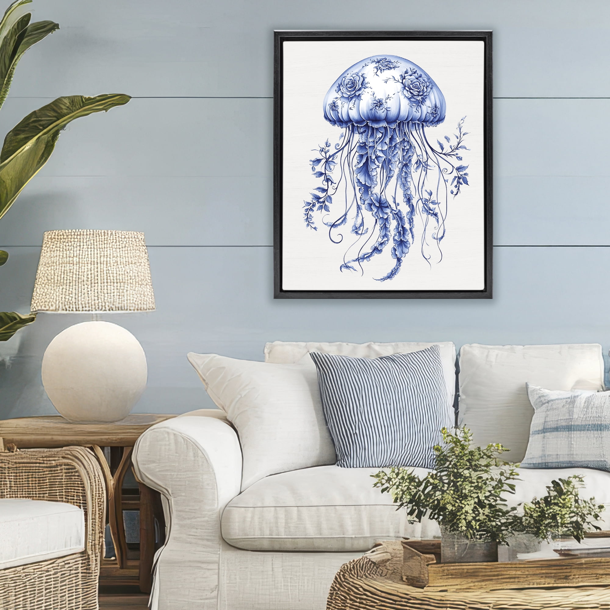 Funky Toile Jellyfish Black Framed Floater Canvas Wall Art, design by Lettered and Lined