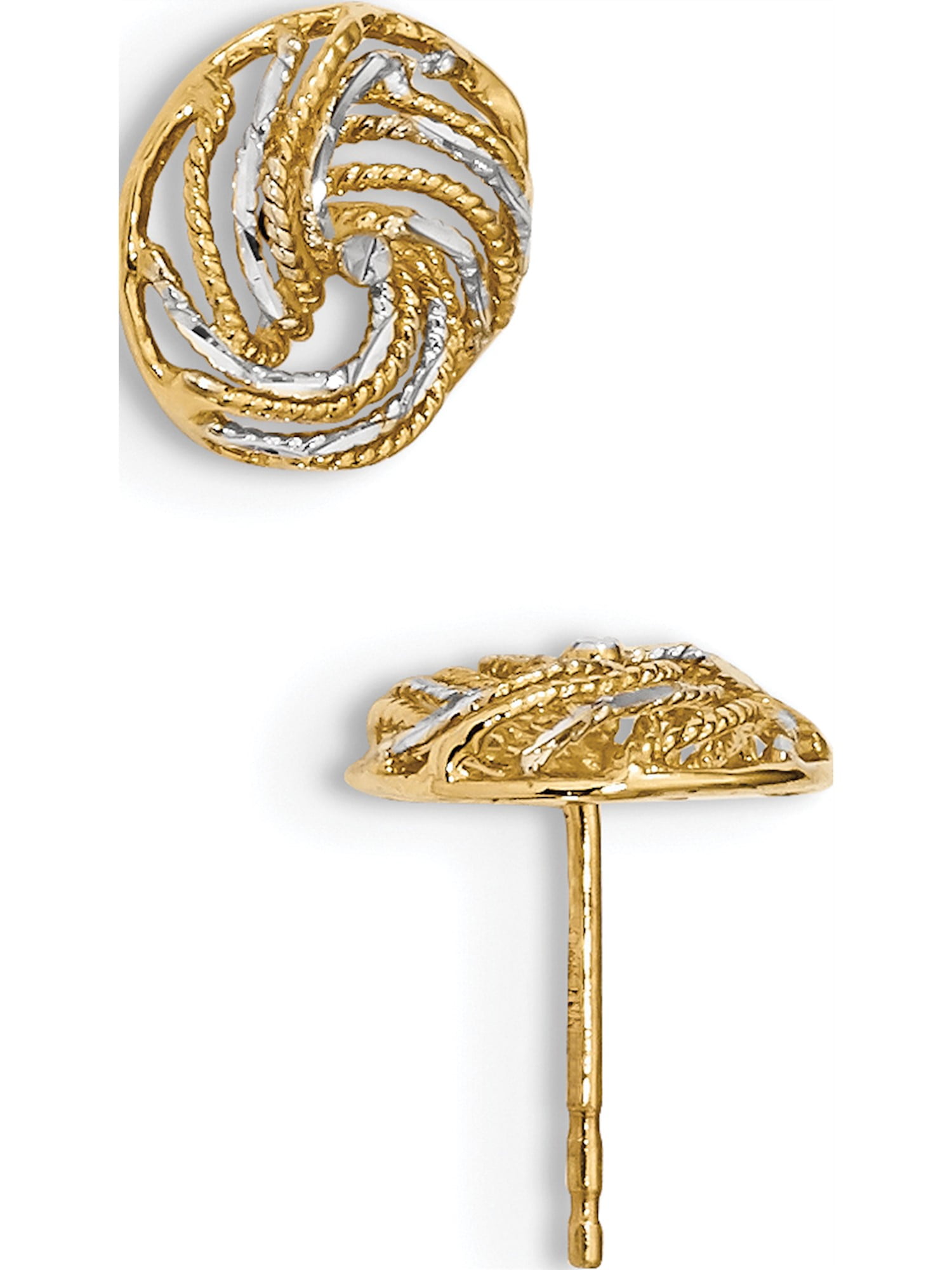 14kt with Rhodium Polished Diamond Cut Open Swirl Post Earrings