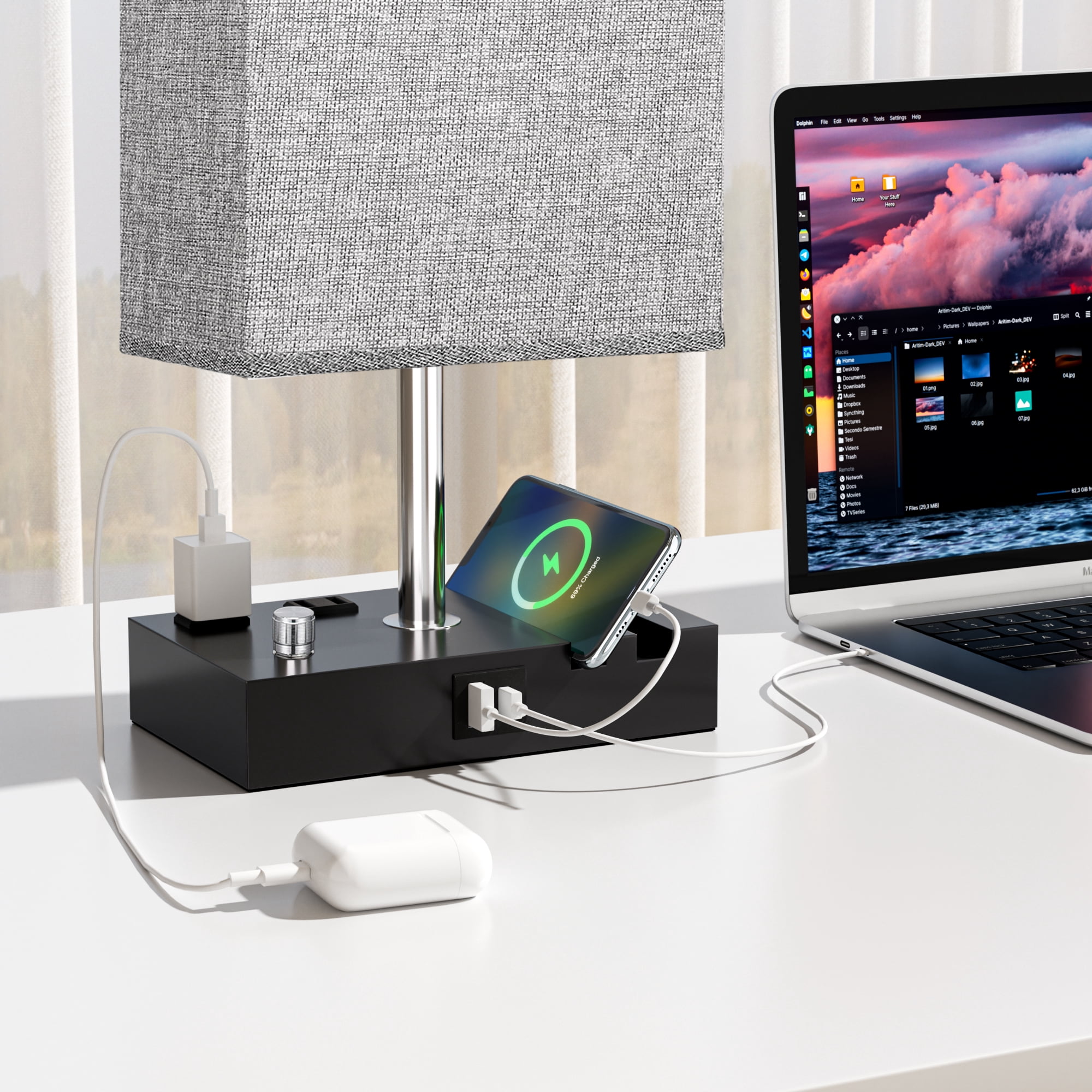 NiteLoom 16.3" Bedside Table Lamp with USB A+C Ports & 2 AC Outlets, Dimmable Nightstand Light for Bedroom, Living Room, Dorm, Office