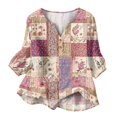 thumbnail image 5 of Women's Patchwork Floral 3/4 Sleeve Blouse - V-Neck Button Down Boho Tunic Top, Lightweight Casual Loose Fit Shirt for Spring Summer Dark Purple S, 5 of 6