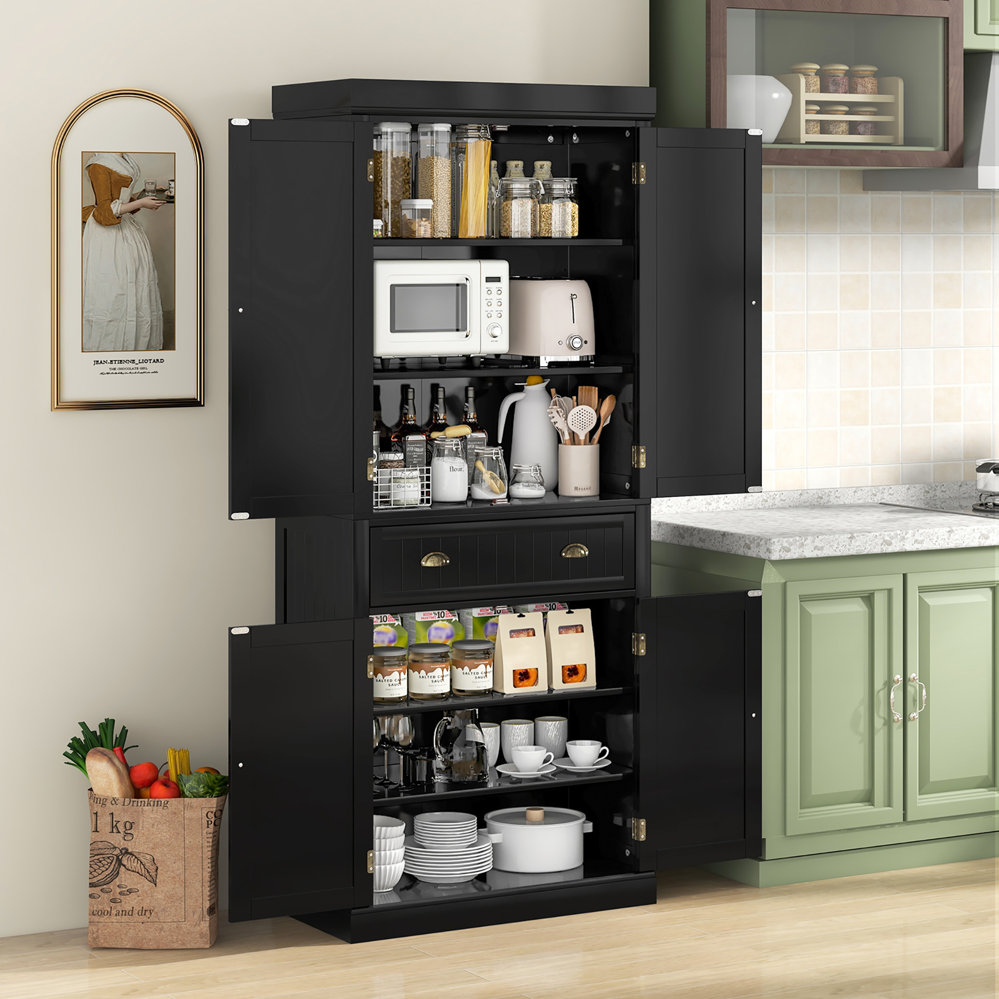 Gymax 72'' Kitchen Pantry Storage Cabinet Tall Freestanding Cupboard w/ 4 Doors Large Drawer Black