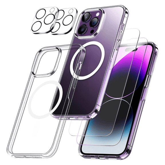 Entronix Bundle Compatible with iPhone 14 Pro, Magnetic Clear Case 2 Screen Protectors 2 Camera Lens Cover