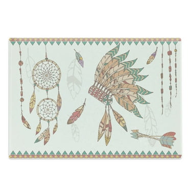 Feather Cutting Board, Prehistoric Chief Headdress Arrows Dreamcatchers, Decorative Tempered Glass Cutting and Serving Board, Large Size, Dark Coral Sand Brown, by Ambesonne