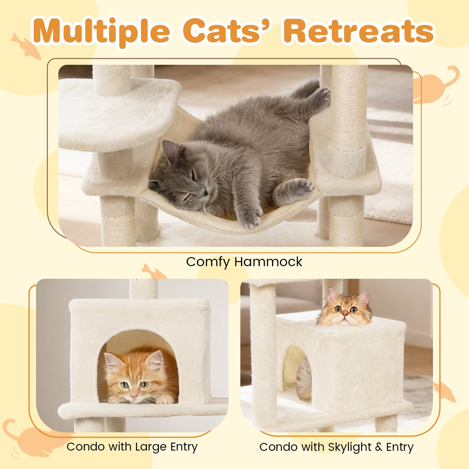 Costway 70” Cat Tree for Indoor Cats with Padded Top Perch, Dual Condos, Hammock, Platforms Beige