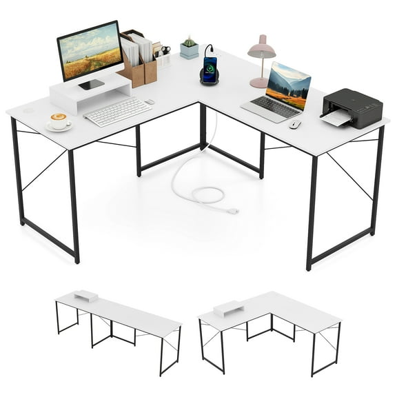 Gymax 95'' L-Shaped Reversible Computer Desk 2-Person Long Table Monitor Stand White