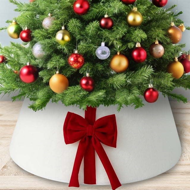 Lksixu Christmas Tree Collar, Christmas Decorations 24 Inch Red Velvet Christmas Tree Ring with Bow, Foldable Round Christmas Tree Base Cover, Rustic Christmas Tree Skirt for Party Wedding Holiday