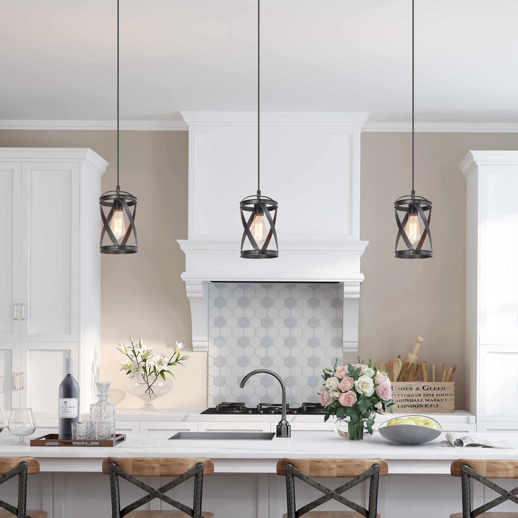LNC 1-Light Black and Silver Lantern LED Mini Pendant for Kitchen Island