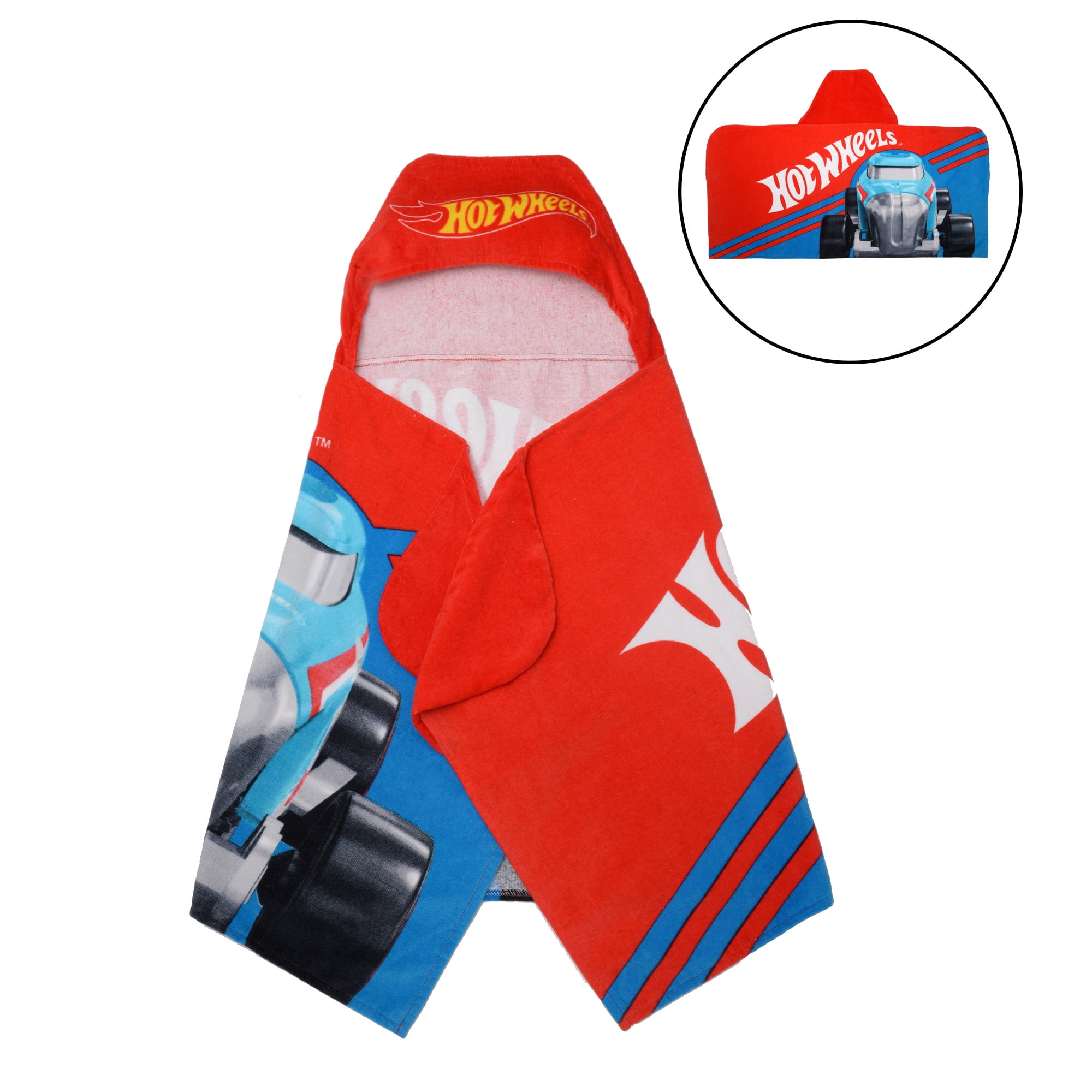 Hot Wheels Kids Bath Hooded Towel, Cotton, Red, Mattel