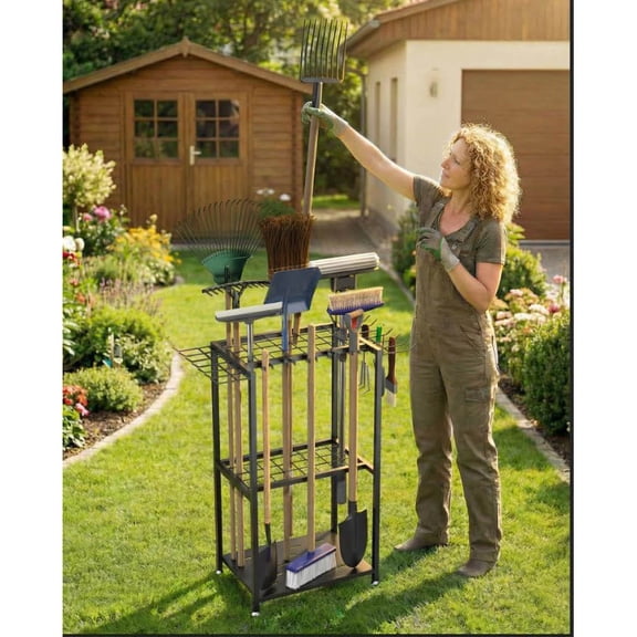 Garden Tool Organizer – Heavy Duty Metal Yard Tool Organizer for Garage, 3-Tier Freestanding Tool Rack with Hooks, Broom Holder for Rakes, Shovels for Shed & Outdoor Organization