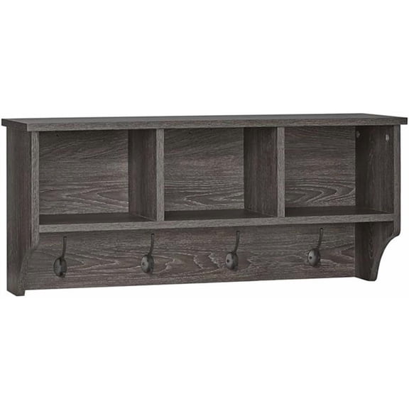 Home Woodbury Collection Cubbies and Hooks Wall Shelf, Dark Weathered Woodgrain