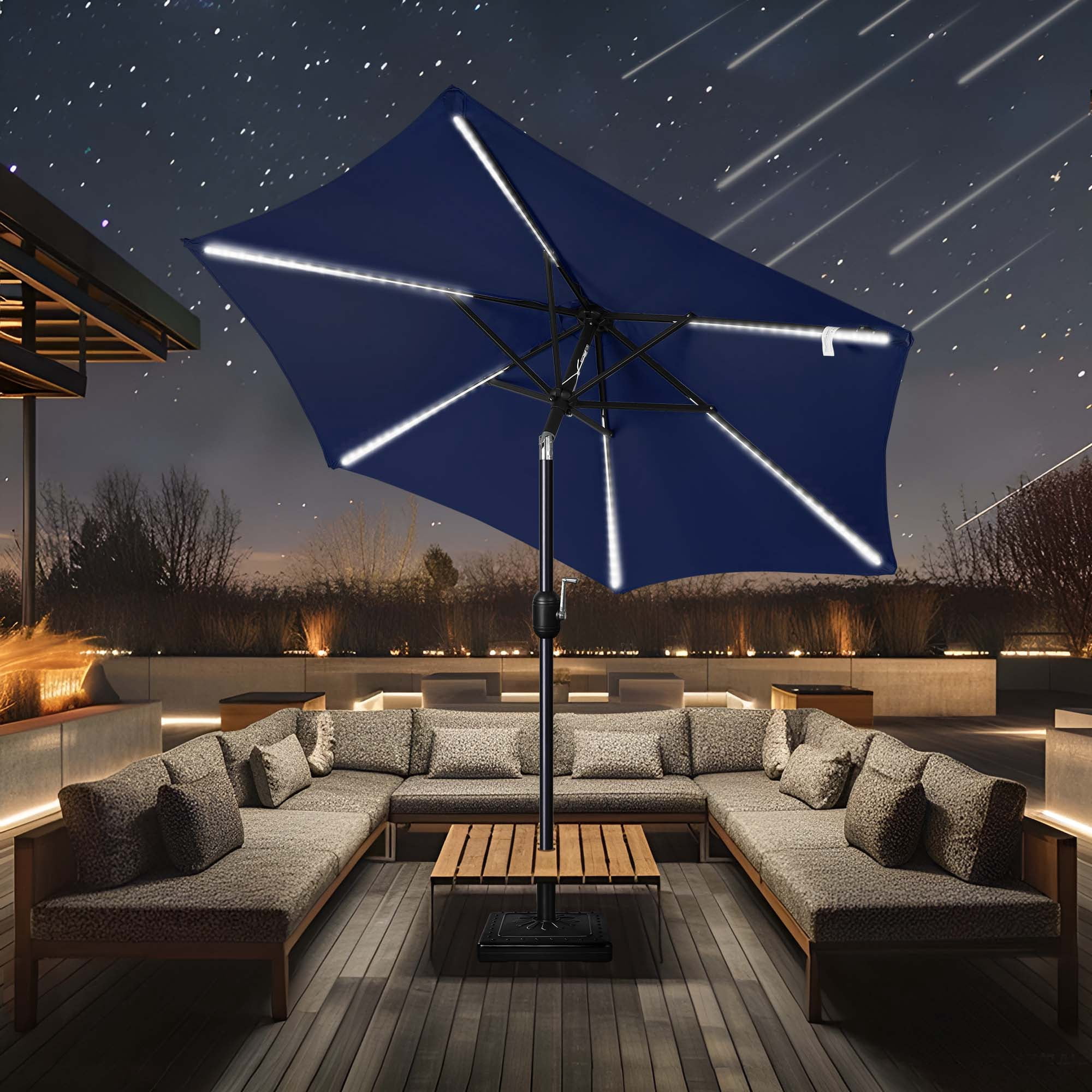 Scafild | 7.5FT Meteor Shower Lights Patio Umbrella, Outdoor Table Umbrella with 108 LED Solar Lights, Push Button Tilt and Crank, Market Umbrella for Garden, Deck, Backyard, Pool - Navy