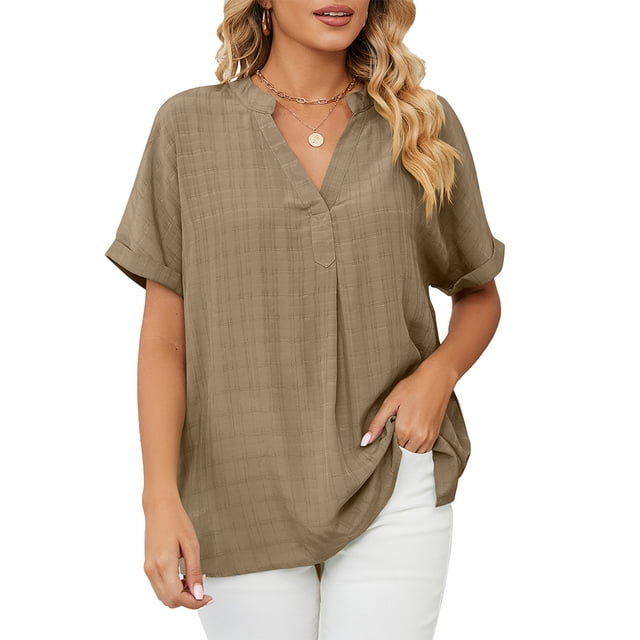 FJUCHAI Womens Shirts V Neck Short Sleeve Buttons Tops Tee Solid Color Blouse Loose Fit S-XXL