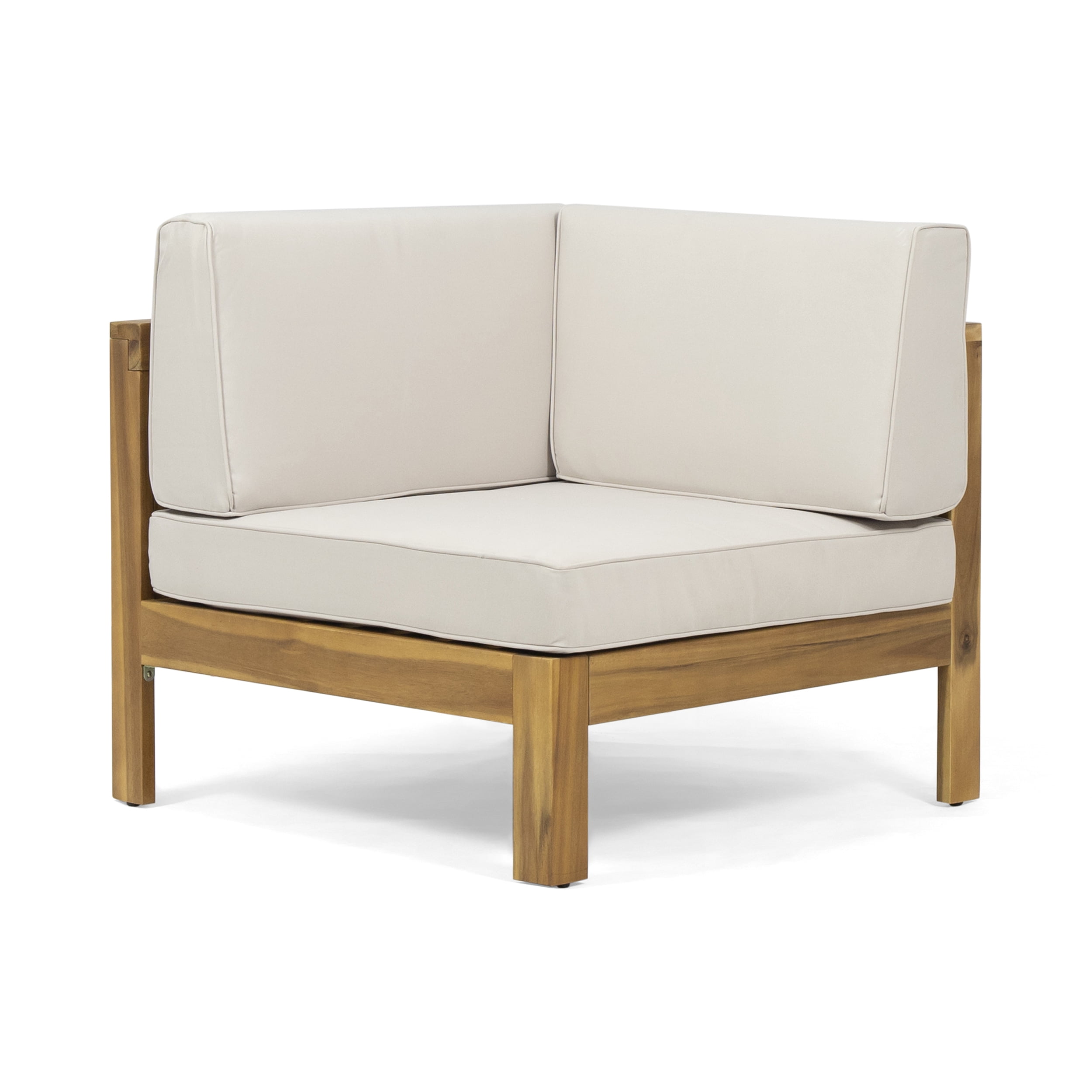 Cayson Outdoor 5 Seater Wood and Wicker Sectional Sofa Set, Teak, Beige