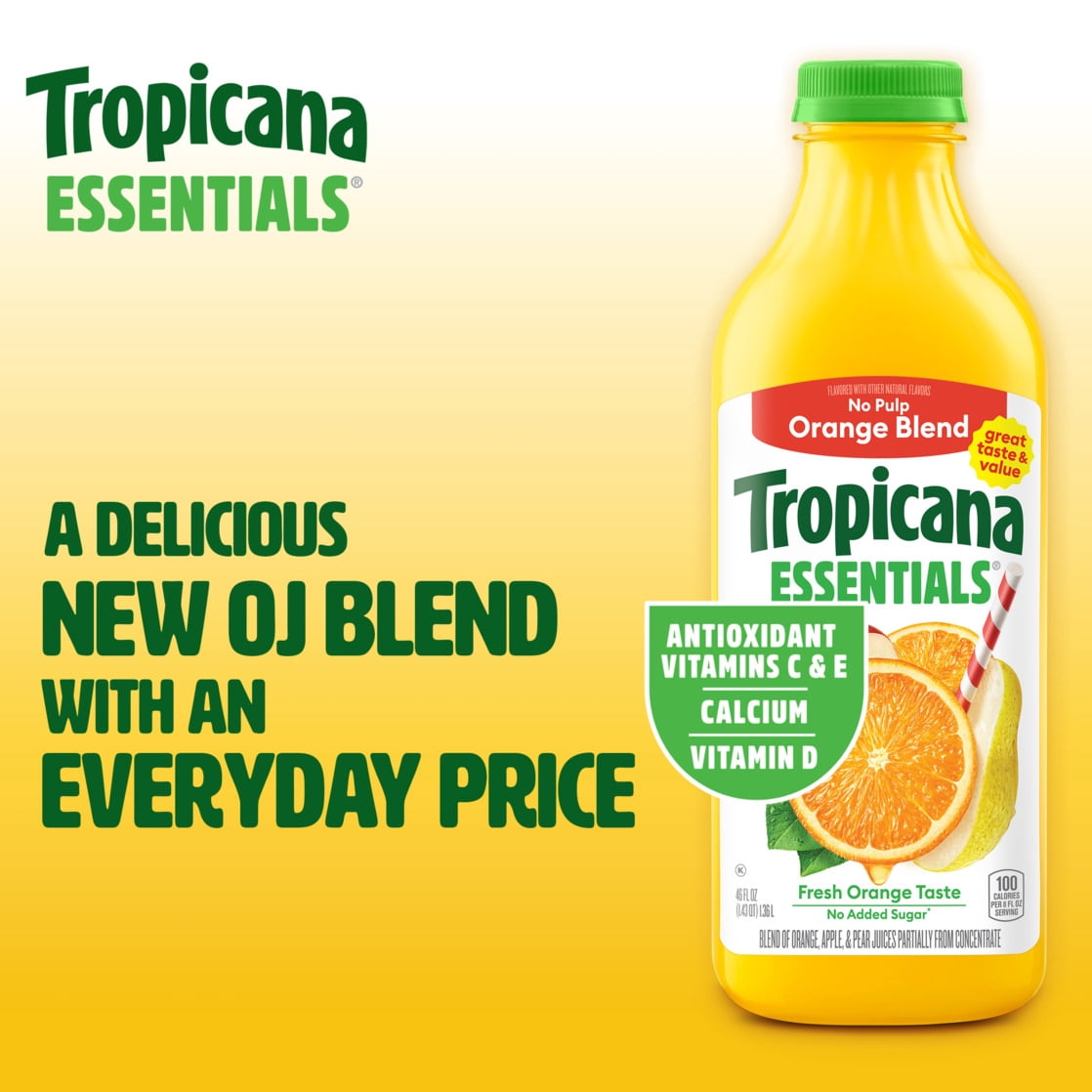 Tropicana Essentials Flavored Orange Juice Beverage Blend With Other Fruit, No Pulp, 46 fl oz Bottle