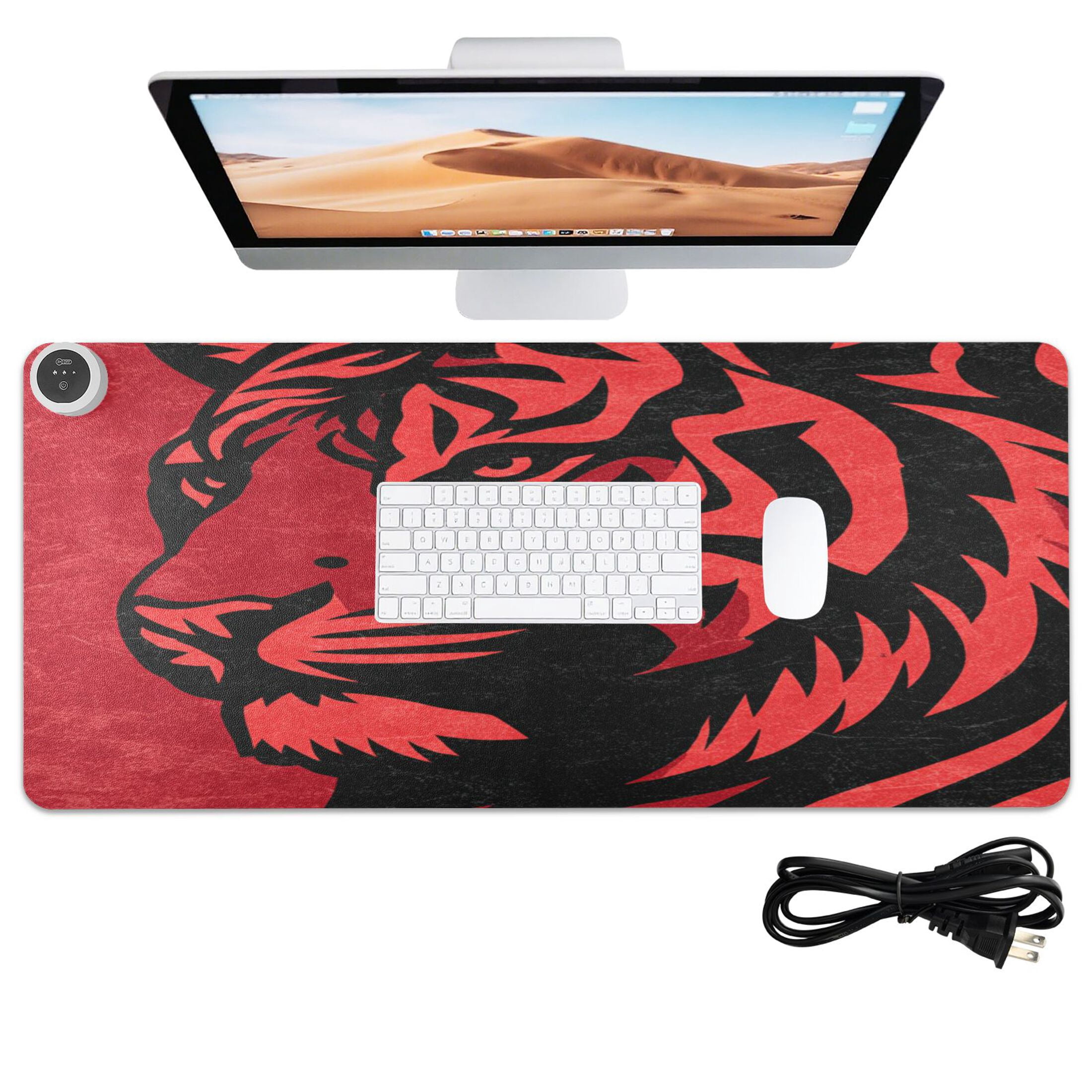 Large Heated Desk Mat Mouse Pad 31.5"x13"PU Leather Graphene Heating Desk Warmer with 3 Temperature Settings 110V US Plug Non-Slip Warm Pad for Home, Office, and Gaming Graphic Tiger Head Pattern