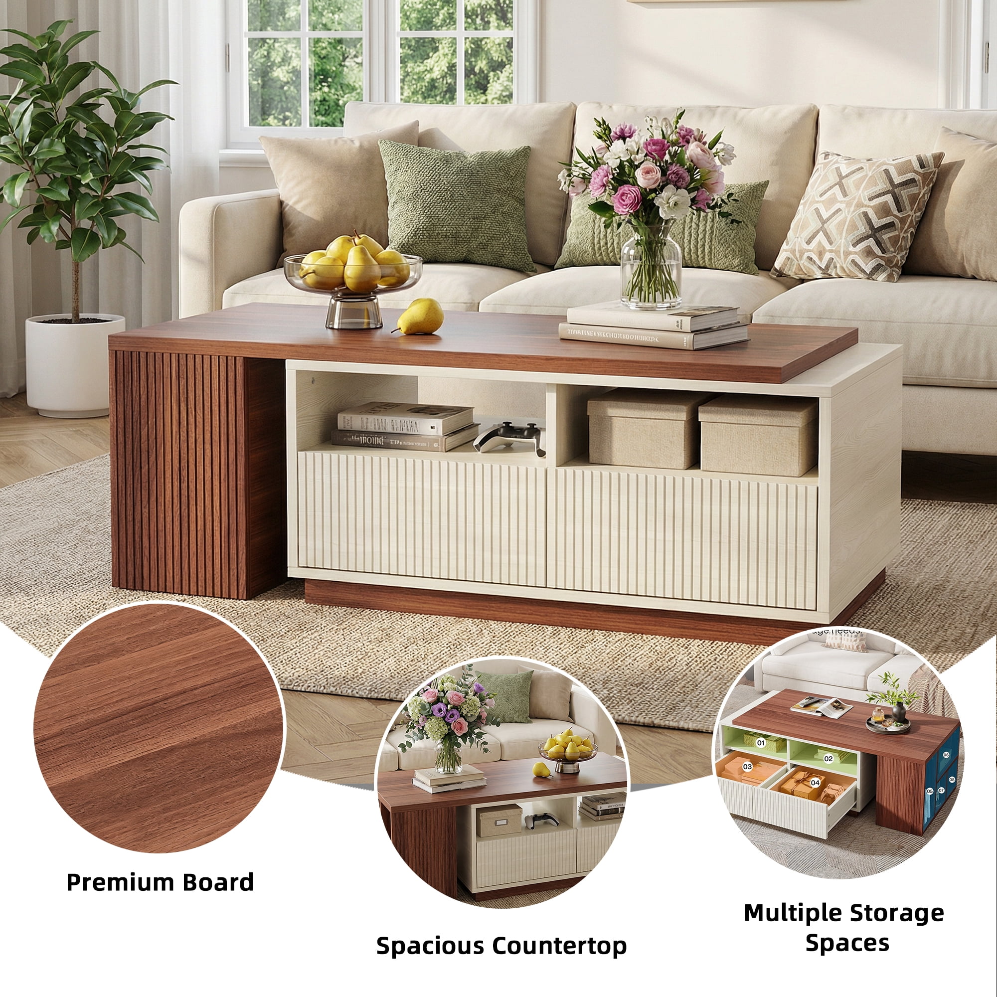 MAYEETY Extendable Coffee Table Reversible Tabletop with 2 Drawers Living Room Center Table