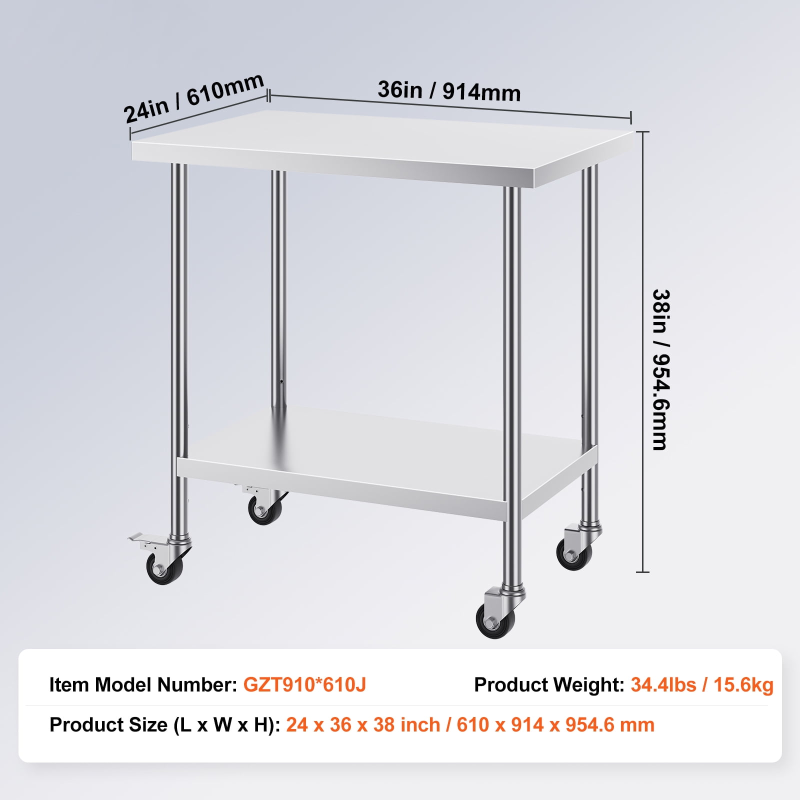 KFFKFF 24x36x38 Inch Stainless Steel Prep Table, Equipped with 4 Casters and 3 Height Settings, Durable for Restaurant Kitchen Use, Silver